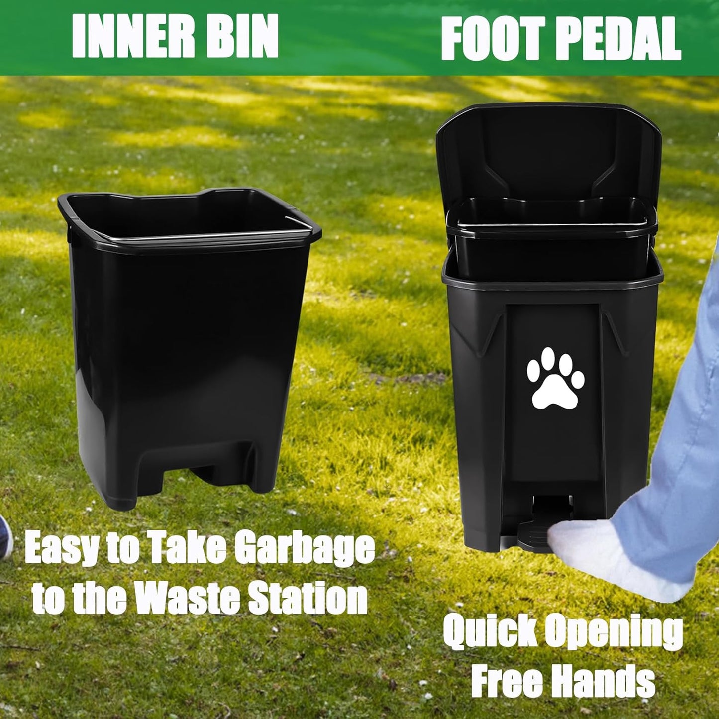 Outdoor Dog Poop Trash Can, Dog Waste Trash Can for Backyard Garden Home with Lid, Removable Inner Bin, Green Waste Bag, Black Fully Assembled