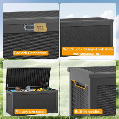 KAMABOKO 260 Gallon Outdoor Storage Box, Resin Deck Boxes Indoor and outdoor, Waterproof Storage Box Lockable Lid for Garden Tools, Package Delivery, Patio Cushions, Black