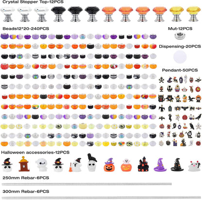 358PCS Halloween Beaded Garden Stakes, DIY Halloween Fairy Wand Garden Stake Decorative Kit with 12 in or 10 in Threaded Rod, Crystal Top, Large Holes Bead, Pendant for Outdoor or Indoor Decoration