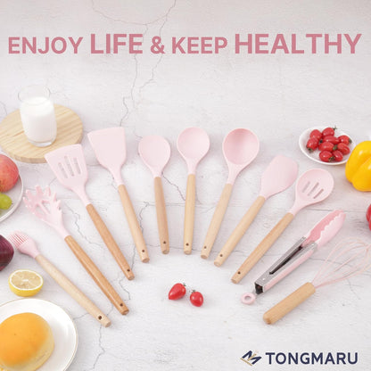 Silicone Cooking Utensils Set, Premium Beech Wood Handle Kitchen Gadgets Utensil Set, Non-Stick Kitchen Utensils Spatula, Tongs, Turner, Whisk, Brush, Spoon, BPA FREE, 446°F Resistant (Pink)