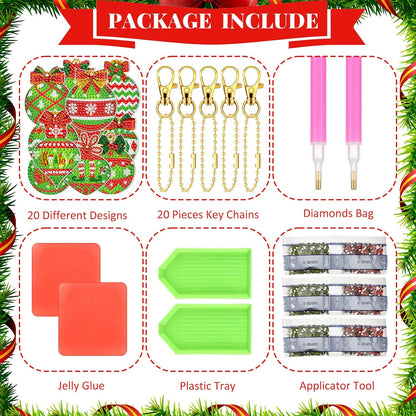 Tondiamo 20 Pcs Christmas Diamond Painting Keychain Kits 5D DIY Diamond Art Pendants Double Sided Hanging Key Chains for Christmas Party Decoration DIY(Green Balls)