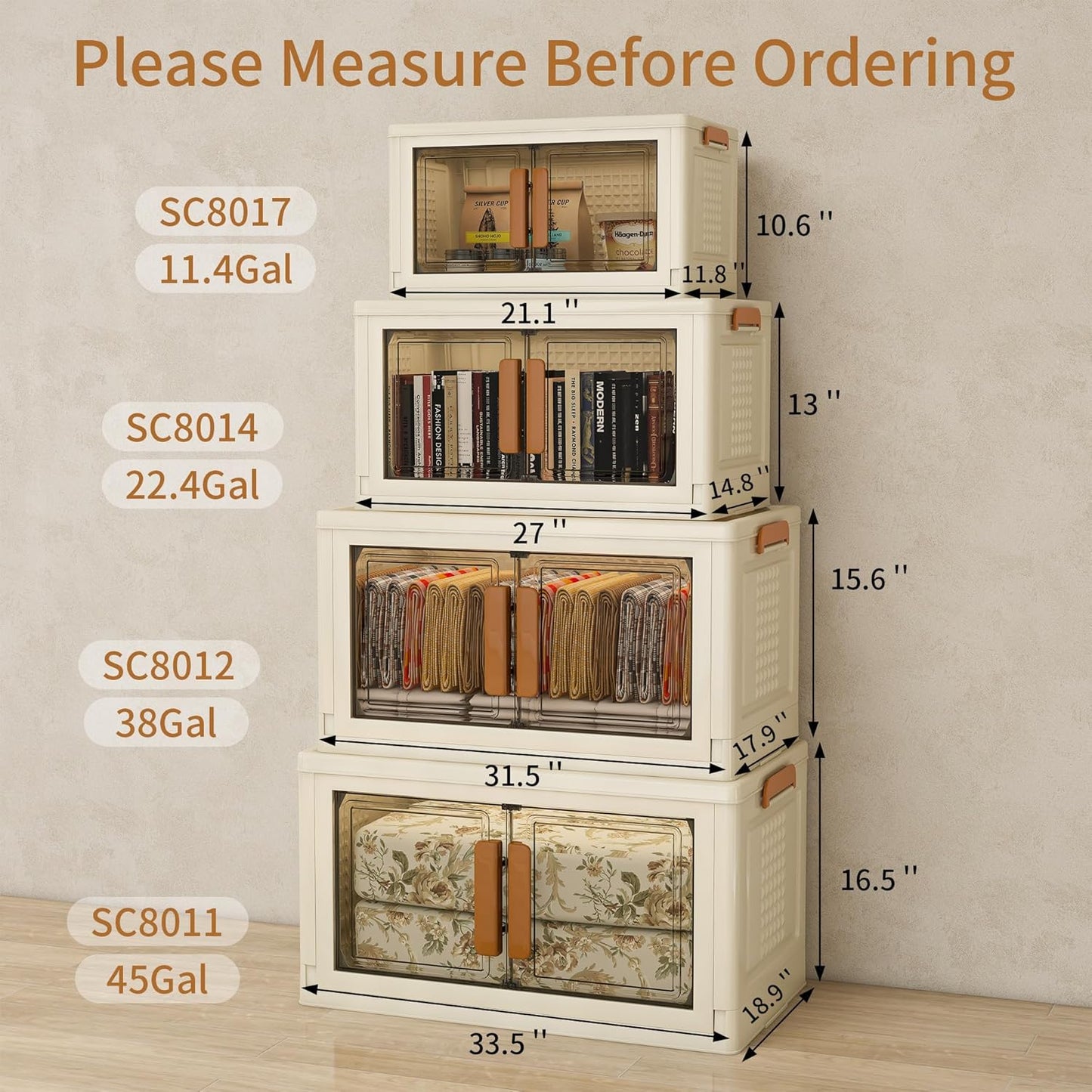 Plastic Stackable Storage Bins with Lids and Wheels, Foldable Closet Organizers and Storage Containers for Bathroom, Collapsible Clear Drawer Storage Cabinet with Doors White 22.4Gal 4Tiers