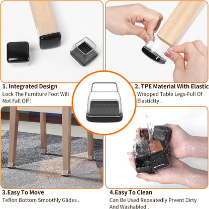Ezprotekt 24 Pcs Clear Chair Leg Sliders for Carpet, Square Chair Glides for Rug, Teflon Furniture Pads Leg Protectors Caps - for Dining Table, Bar Stool, End Table Legs (L Fit:1" - 1.4")