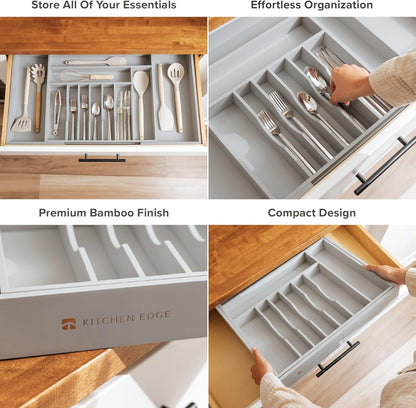 Premium Silverware, Flatware and Utensil Organizer for Kitchen Drawers, Food-Safe Contract Grade, Expandable from 18 to 33 In, Gray Bamboo
