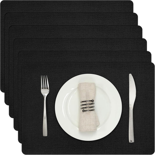 Myir JUN Placemats Dual Sided, Faux Leather Place Mats Set of 6 Indoor Placemats for Dining Table Outdoor Placemats Square Non-Slip Washable Table Mats (Black, Set of 6)