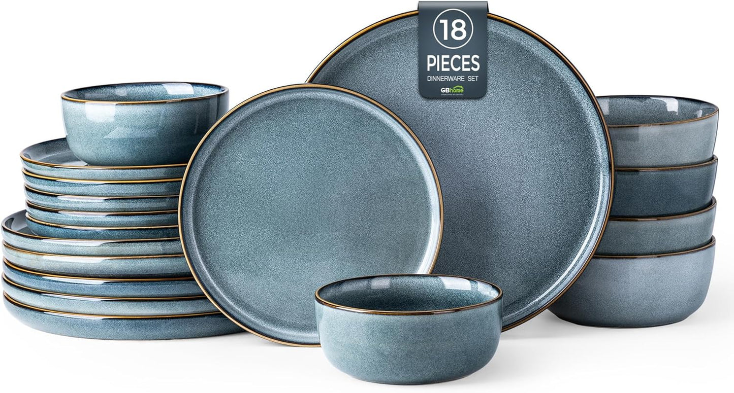 GBHOME Ceramic Dinnerware Sets for 6, 18 Pieces Stoneware Plates and Bowls Sets, Scratch Resistant Dishes, Dishwasher & Microwave Safe, Space Blue