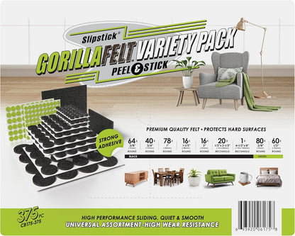 Slipstick Gorilla Felt Furniture Pads (375 Piece Variety Pack) Premium Furniture Pads & Chair Leg Floor Protectors for Hardwood Floors & Hard Surfaces