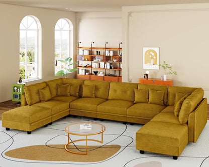 LLappuil U-Shaped Modular Sectional Sofa with Storage, 9-Seat Convertible Corduroy Couch with 9 Back Cushions & Throw Pillows, Large L-Shaped Sofa for Living Room, Yellow
