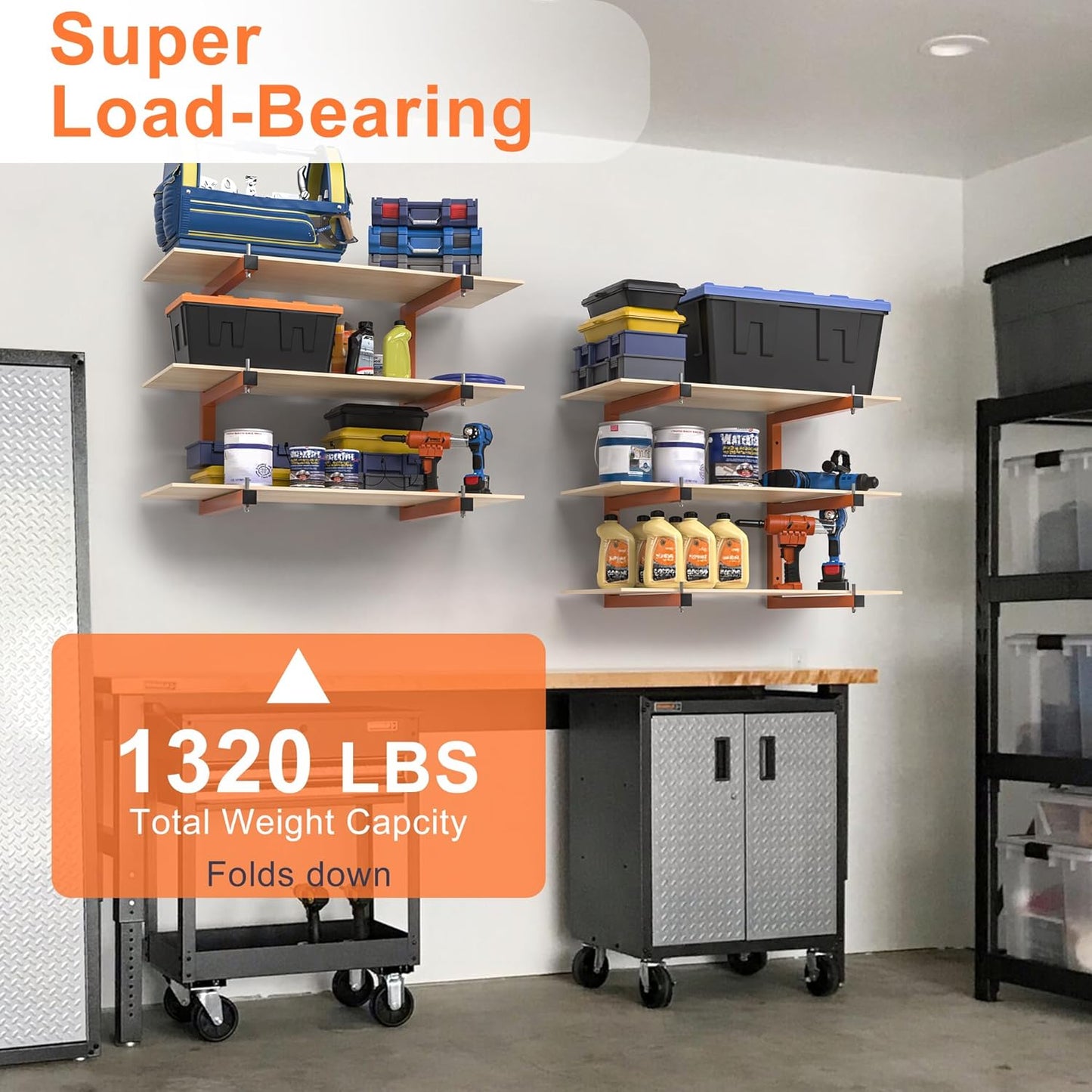 Lumber Rack Wall-Mounted Lumber Storage Rack, Heavy Duty Wood Storage Racks with 6-Level System, 1320 LB Sturdy Garage Wood Organizer, Orange Lumber Metal Racks for Indoor and Outdoor (4 Pack)