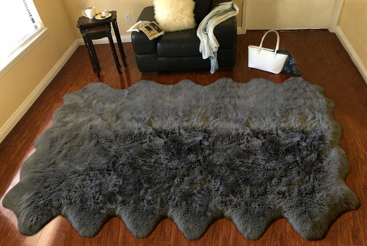 LAMBZY Faux Sheepskin Super Soft Hypoallergenic Free Shape Silky Shag Rug, Luxury Shaggy Plush Carpet for Bedrooms Living Kids Room Sofa Rugs (Dark Grey, Duo Decto 12 Pelts 6'x12')