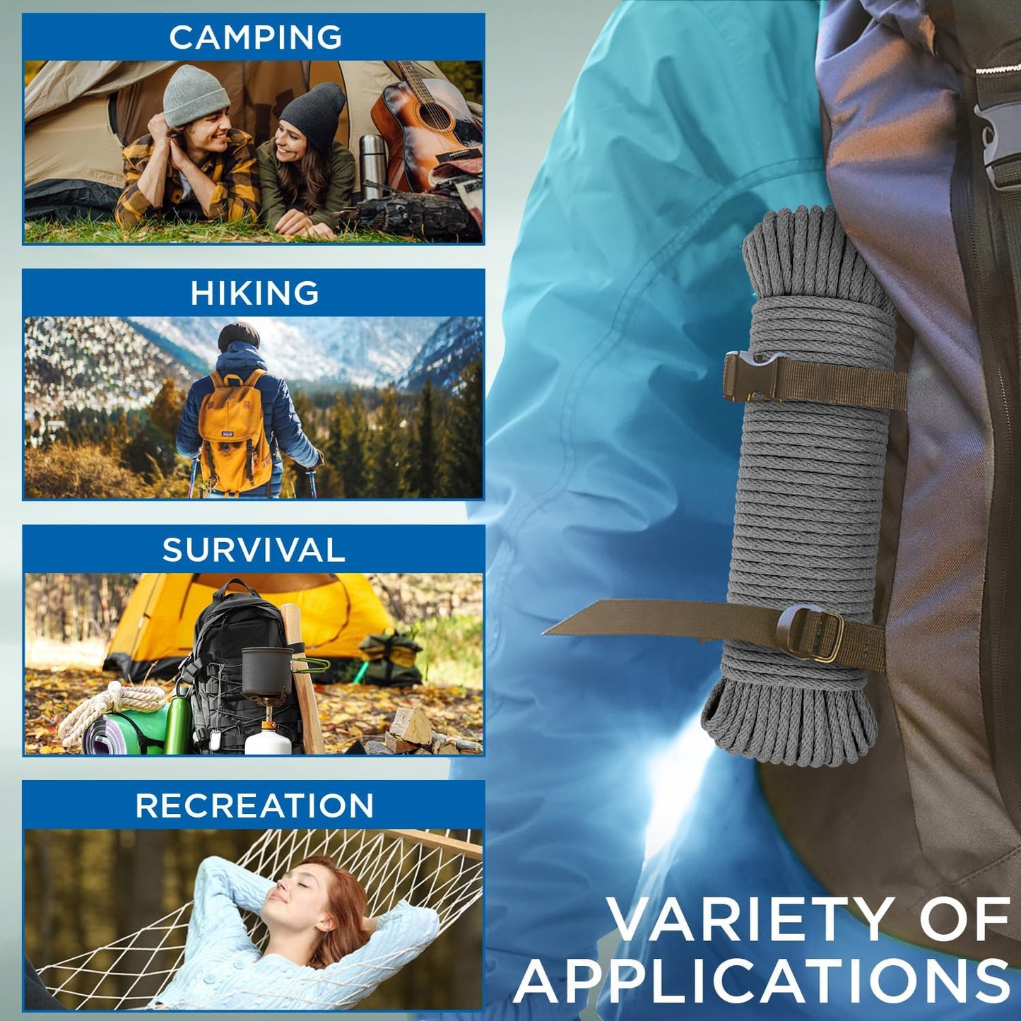 TECEUM Cotton Rope 3/16” (5 mm) – 100 FT – Strong All-Purpose Braided Rope – Natural Cotton – for Crafting, Сamping, Clothes Line, DIY, Indoor & Outdoor Use – Gray