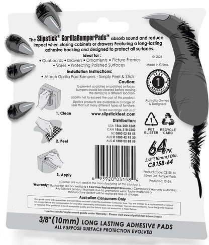 Slipstick GorillaBumperPads Premium Cabinet Door Bumpers 3/8” Round Non Slip Pads, Cabinet Stoppers, Bumpers for Drawers, Cupboards, Cutting Boards, Glass Tops, Picture Frames, 64 Gripper Dots