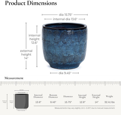 LuxenHome 15.5" Dia Large Ceramic Pots for Plants, Ocean Blue Glazed Planters for Outdoor Plants, Round Indoor Flower Pots with Drainage Hole and Rubber Plug for Home Garden Patio