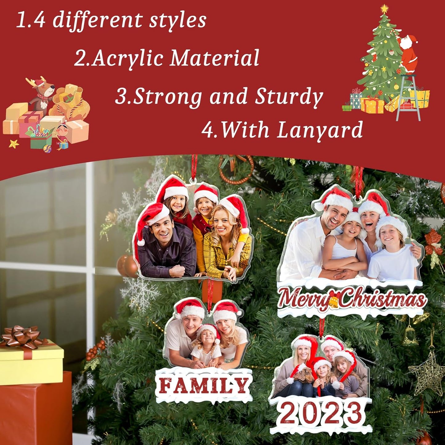 Personalized Photo Ornament Acrylic Custom Christmas Ornaments with Picture Customized Family Christmas Ornament 2023 for Tree Hanging Decoration Gift for Men Women Style 4