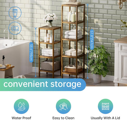 SMIBUY Bathroom Storage Shelf, 5-Tier Bamboo Rack Organizer, Multifunctional Shelving Unit for Living Room Bedroom Kitchen (Walnut)