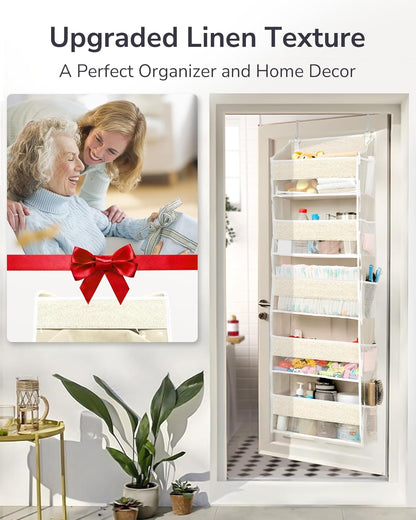 ULG 1 Pack Over Door Organizer with 5 Large Pockets 10 Mesh Side Pockets, Upgraded Linen Texture Over The Door Storage, 44 lbs Weight Capacity Hanging Storage Organizer, Ivory
