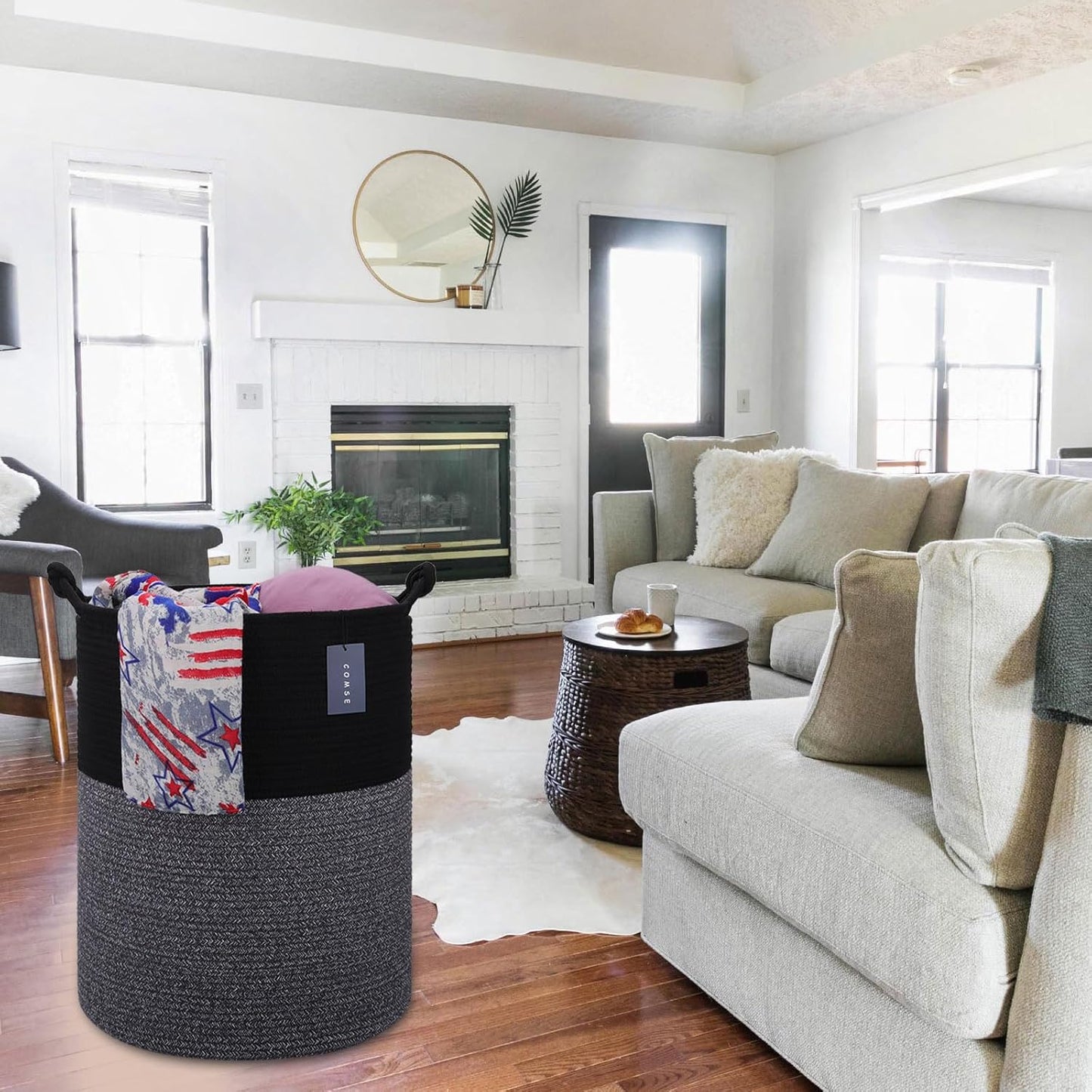 COMSE Extra Large Blanket Basket, Tall Woven Storage Basket, Nursery Hamper, 15.7”x 21.7”, Cotton Rope Laundry Hamper for Toys Clothes Towels, Black