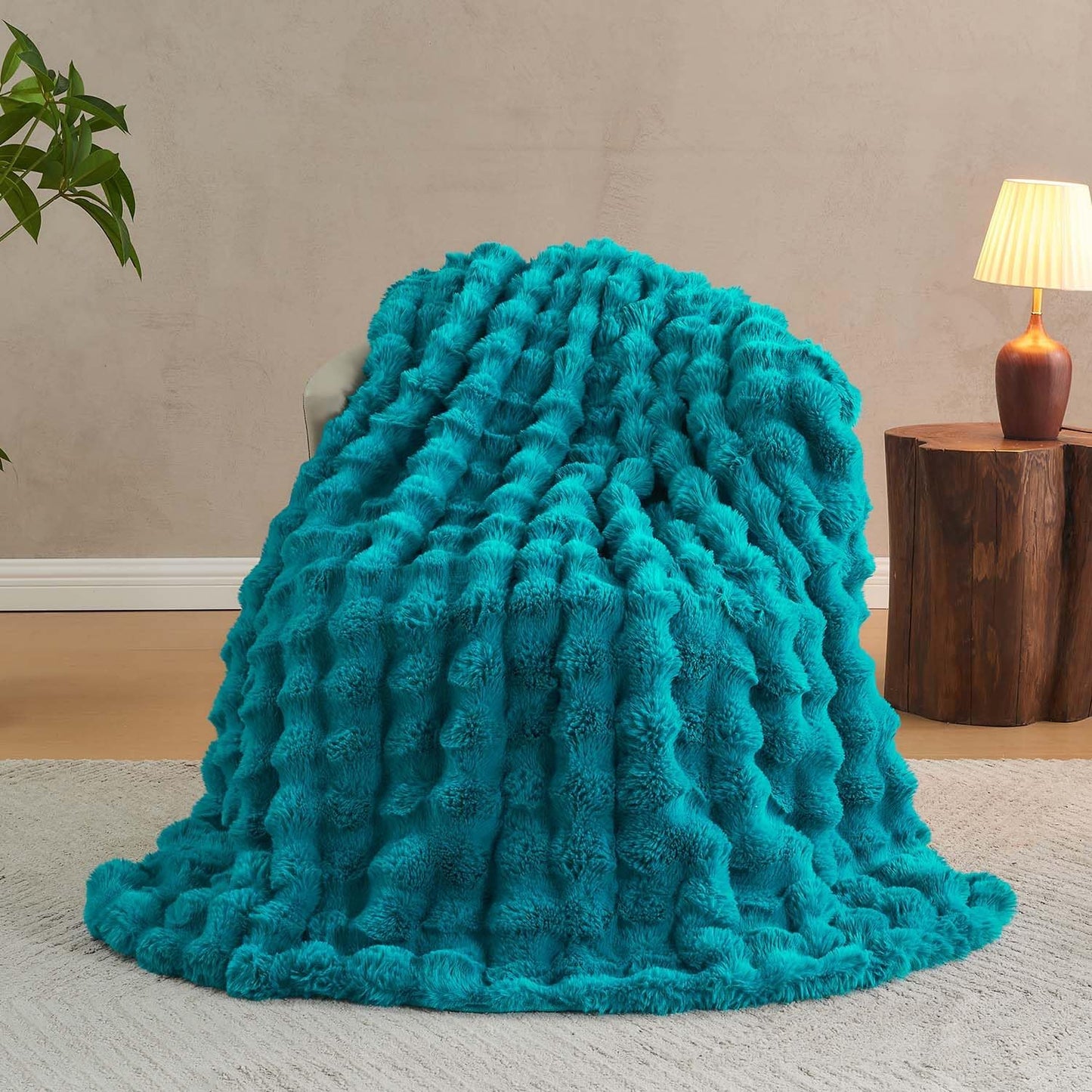 Lotus Karen Faux Fur Throw Blanket Teal - Big Bubble Rabbit Fluff Blanket for Couch Bed Sofa,Softest Fluffy Fuzzy Cozy Blanket,Thick Furry Plush Shaggy Warm Blankets for Women,60x80 Inches