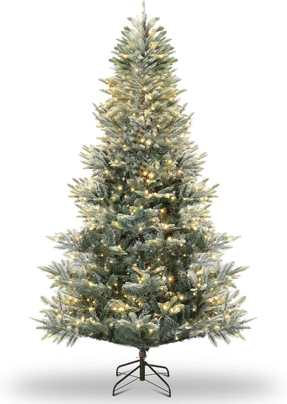 7.5ft Pre-lit Artificial Christmas Tree with Incandescent Warm White Lights, Snow Flocked Full Prelighted Xmas Tree Automatic Branch Tips, UL Listed Lights & Foldable Stand, Green & White
