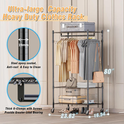 Homdox Heavy Duty Clothing Rack with 3 Tier Adjustable Wire Shelves, Garment Racks for Hanging Clothes, Double Rods Clothing Rack, Freestanding Closet Wardrobe with Side Hooks, Black