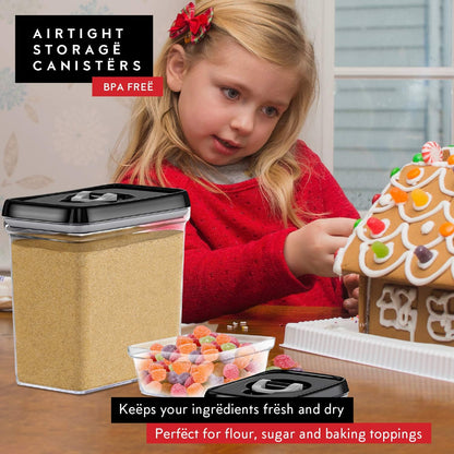 DWËLLZA KITCHEN Large Airtight Food Storage Containers - Clear Plastic Bulk Food Pantry & Kitchen Storage Containers for Flour, Sugar and Baking Supplies 4 Pcs. BPA-Free, Keeps Fresh & Dry (Black)