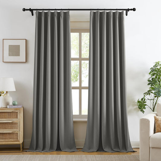 KangBang 102 Inch Gray Curtains Blackout Drapes for Living Room, Pinch Pleated Energy Saving Sound Reducing Polyester Memory Shape Custom Window Panels with Hooks(Grey Color,40Wx102L,2 Panels)