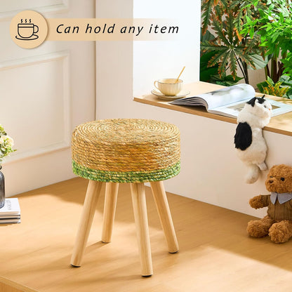 Handwoven Outdoor Ottoman, Water Hyacinth Pouf Round Patio Footstool with Wood Legs, 17-Inch Multipurpose Vanity Stool, Dining Chair, Patio Footrest for Balcony and Garden, Green