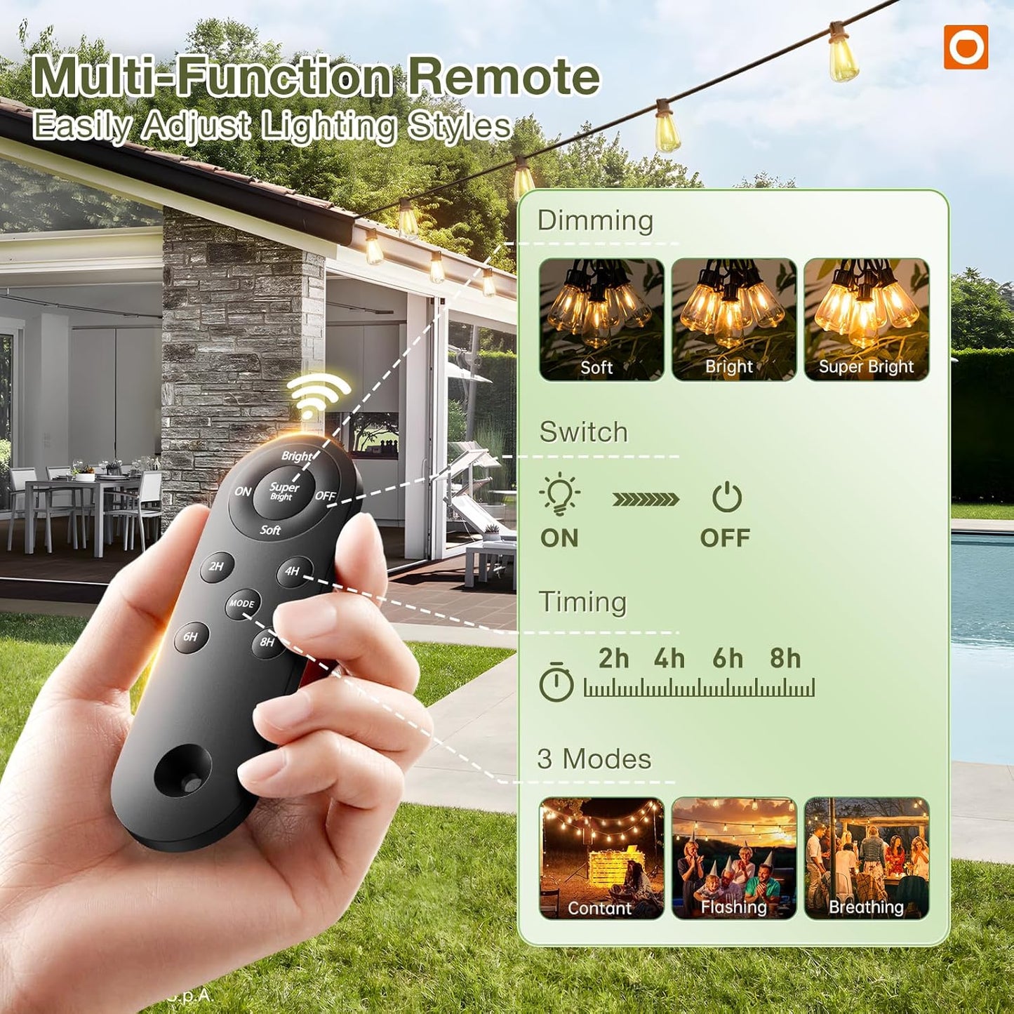 addlon 102(96+6) FT Solar String Lights Waterproof,Patio Light Solar Powered with Remote & USB Port 3 Modes, 30+2 LED Shatterproof Bulbs Outdoor Lighting for Camping Backyard Garden