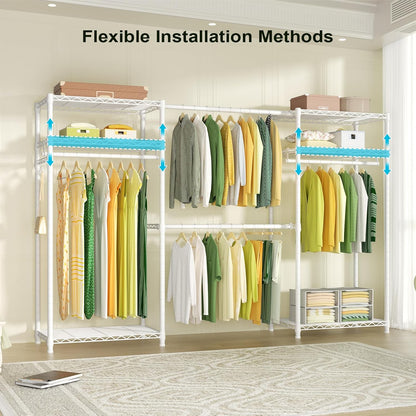 Ulif E1 Heavy Duty Closet Garment Rack, 6 Tiers Adjustable Metal Freestanding Expandable Clothing Storage with 4 Hanger Rods, Easy to Assemble Wardrobe, 71.4" H x (70" - 88.2") L x 14" D, White