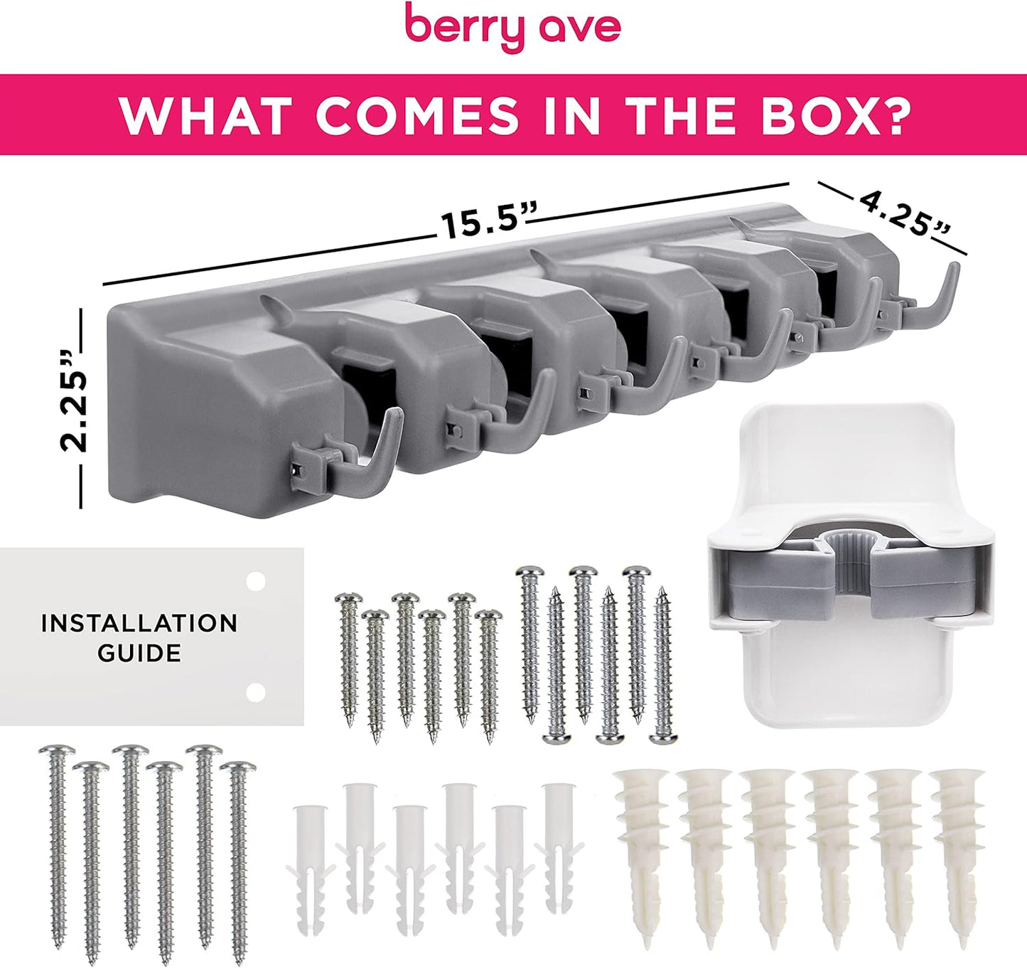 Combo 5 Slot Broom Holder w/ 1 Self Adhesive Mop Gripper No-Drilling, Wall Mount Tool Organizers For Kitchen, Garage, Laundry Room- Anti-Slip Hanger For Brooms, Mops, Rakes, Dustpans (Grey / White)