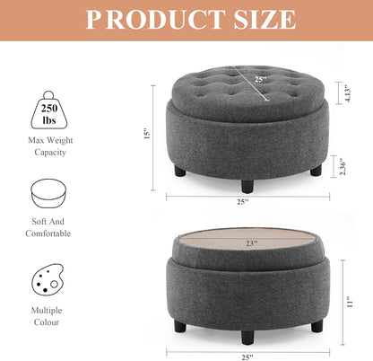 COLAMY Fabric Round Storage Ottoman with Reversible Tray Lid – Multi-Functional Footrest, Hidden Storage, Sturdy & Stylish Small Coffee Table for Living Room, Bedroom, or Entryway(Dark Grey)