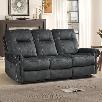 EBELLO Manual Recliner 3 Seat Sofa Couch, Soft Fabric 3 Seater Reclining Couch Chair, Vintage Rivet Mid-Century Design Furniture for Living Room, Meeting Room, Grey