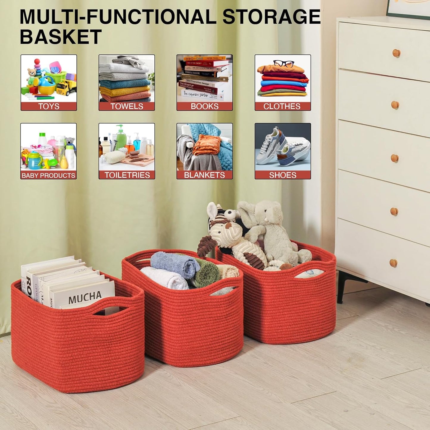 Storage Baskets for Organizing, Storage Basket for Shelves, Toy Towel Basket for Bathroom Nursery, Woven Cotton Rope Baskets for Decor, 15"x11"x9.5", 3 Packs, Brick Red