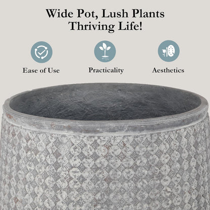 Worth Garden 12" Dia x 15" H Grey Round Planter – Lightweight Magnesium Oxide Cement Plant Pot with Texture – Raised Pattern Concrete Look – Drainage Hole – Indoor & Outdoor Use