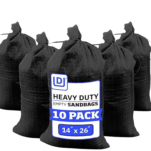 DURASACK Heavy Duty Sand Bags with Tie Strings Empty Woven Polypropylene Sand-Bags for Flood Control with 1600 Hours of UV Protection, 50 lbs Capacity, 14x26 inches, Black, Pack of 10