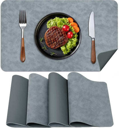 Faux Leather Placemats, Set of 4, 12''×17' Textures on Both Sides, Heat-Resistant, Waterproof and Oil-Proof, Reversible Place Mats for Kitchen, Dining Table,Outdoor-Grey&Dark Grey