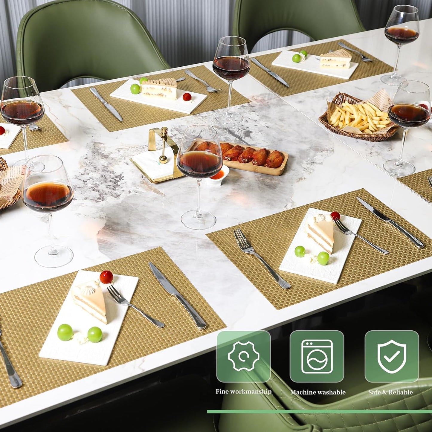 Vinyl Plastic Placemats Set of 6 Washable Heat Resistant Non-Slip Elegant Indoor Outdoor Kitchen Dining PVC Woven Table Place Mats (Gold Weaving)