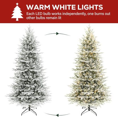 Hykolity 7.5 ft Prelit Snow Flocked Christmas Tree, 2933 PE&PVC Realistic Branch Tips, Artificial Twinkling Christmas Tree with 450 Warm White LED Lights, Metal Stand and Hinged Branches