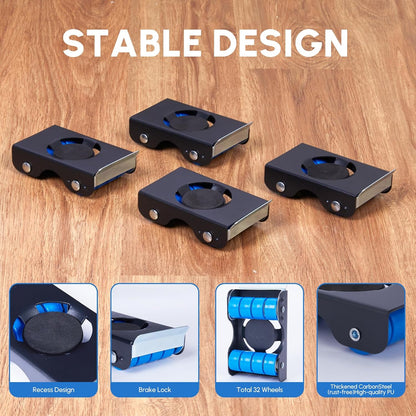 Furniture Sliders, Furniture Movers with Wheels 700LBS- 4 Metal Slider with Anti-Slip Pad（4 Brakes Each for Easy Moving, Heavy Duty Appliance Roller Dolly for Couches, Sofas +More.