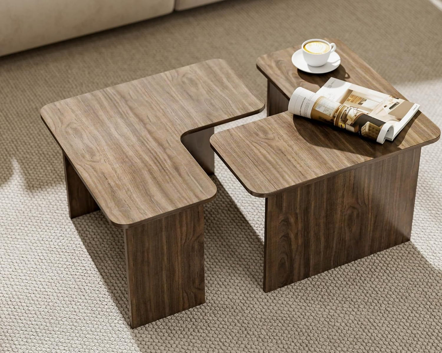 VESCASA Modern L Shaped Nesting Coffee Table Set of 2 Modular Rectangle Walnut Wood Table for Living Room
