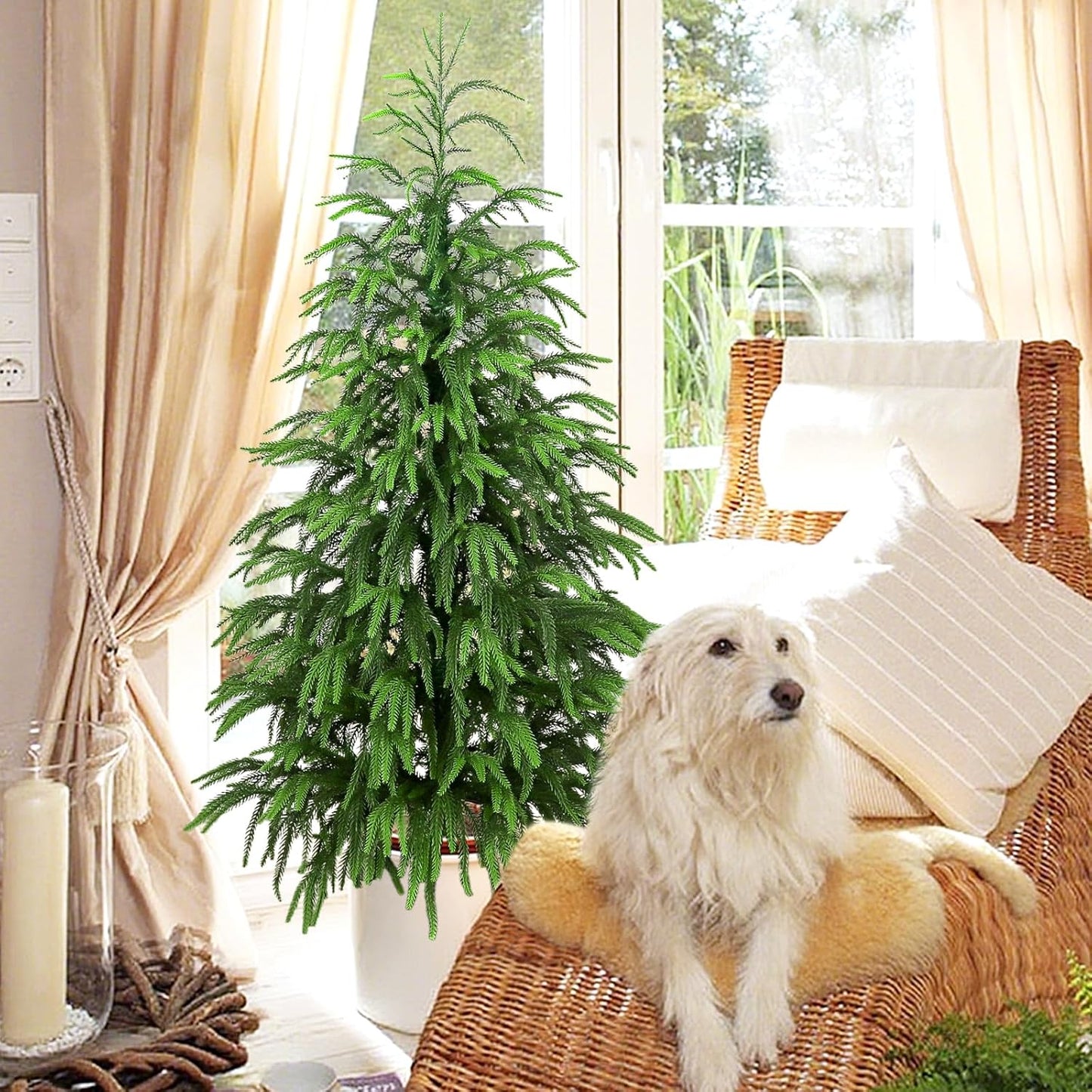 Set of 2 Artificial Norfolk Pine Tree, 4 ft Realistic Christmas Tree, Fake Potted Plants for Front Porch Outdoor Indoor Garden Christmas Decor(2 PCS, 4ft)