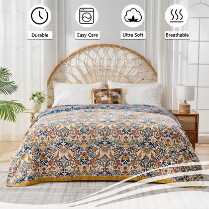 Boho Throw Blanket for Couch,100% Cotton Summer Blanket for Bed, Ultra Soft Rustic Quilt for Bed, Home Decor, Boho Picnic Blankets with Bird and Flowers for All Seasons,Twin 60"x80"