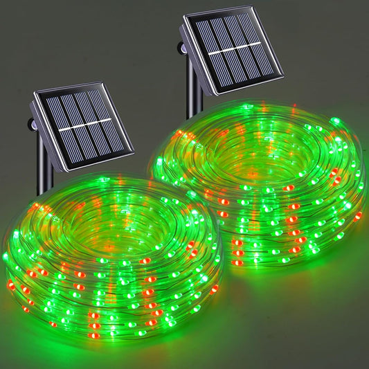 YEGUO Solar Rope Lights Outdoor Waterproof LED, 2 Pack Each 33ft 100 LED String Lights Outdoor, Red and Green Faity Lights in Clear Thin Tube
