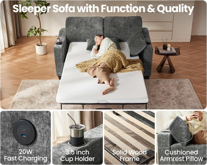 CHIC HOUSE Pull Out Sofa Bed, Full Size Sleeper Sofa, 2-in-1 Convertible Chenille Couch with USB Charging, Memory Form Couch for Living Room, Apartment & Small Space (Dark Grey, Chenille - Full)