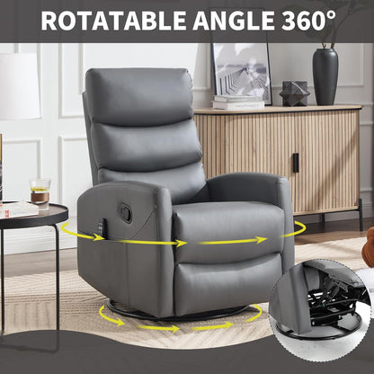 Manual Swivel Rocker Recliner Chair for Adults, Overstuffed Reclining Glider Chair for Nursing with Vibration Massage & Heat, Living Room Rocking Recliner 3-Stage backrest, Faux Leather Gray