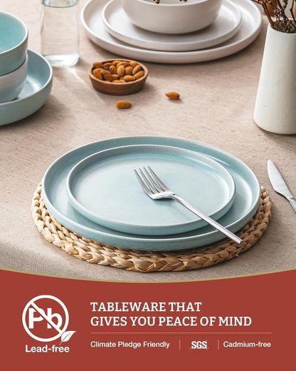 Famiware Milkyway Plates and Bowls Sets, 12 Pieces Dinnerware Sets, Reactive Glaze Dish Set, Stoneware Dishes Set for 4, Matte White & Light Blue