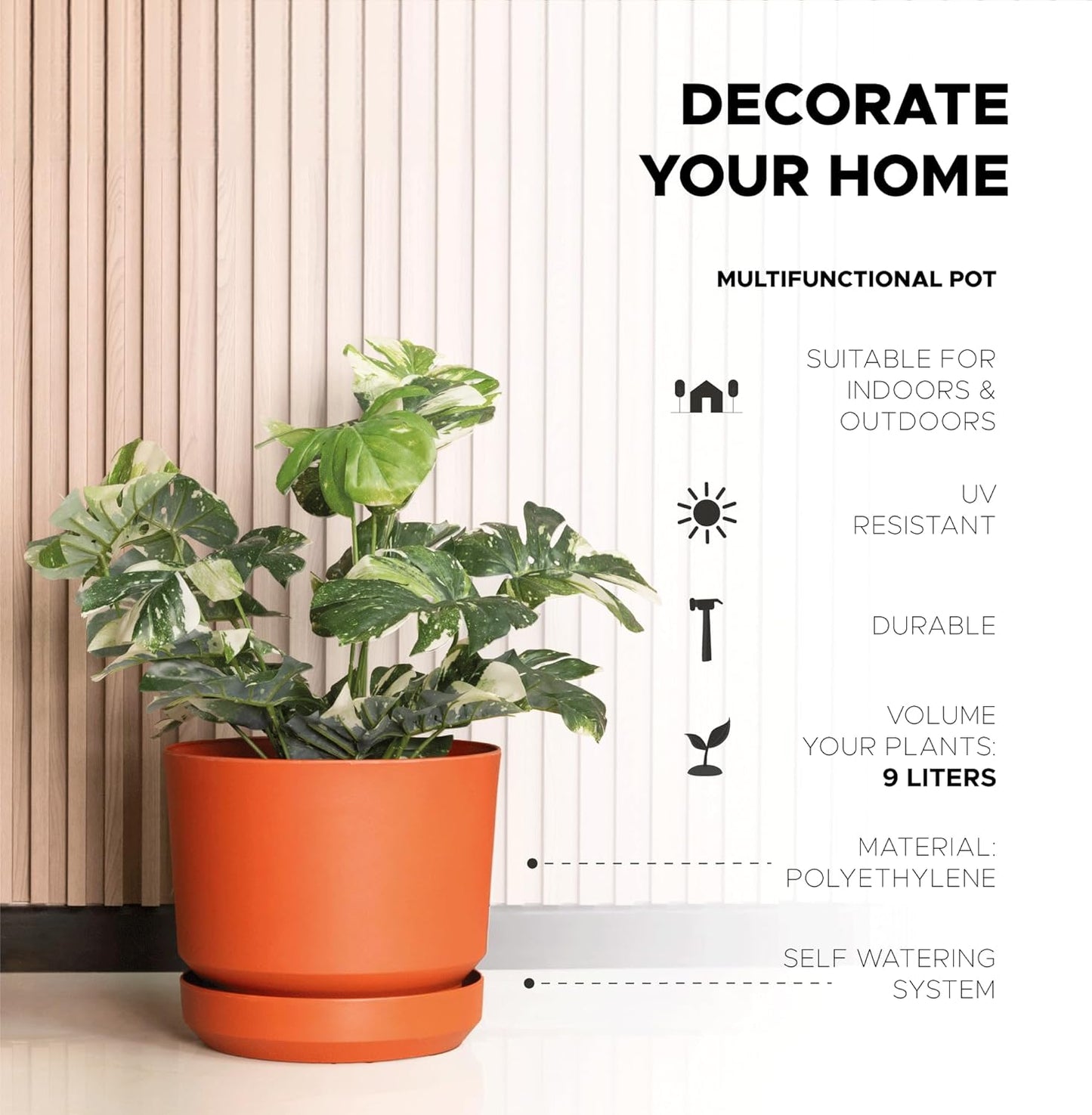 Elly Décor 10 inch Plastic Cylinder Planter Pot with Self-Watering Saucer and Drainage Hole,Lightweight & Extremely Durable, 10"x 10", Terracotta