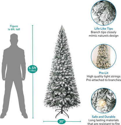 Naomi Home Salzburg 6.5ft Frosted Prelit Slim Artificial Christmas Tree with 864 Branch Tips, 250 Warm Lights and Metal Stand, 30" Wide Realistic Snow Flocked Skinny Pencil Christmas Tree