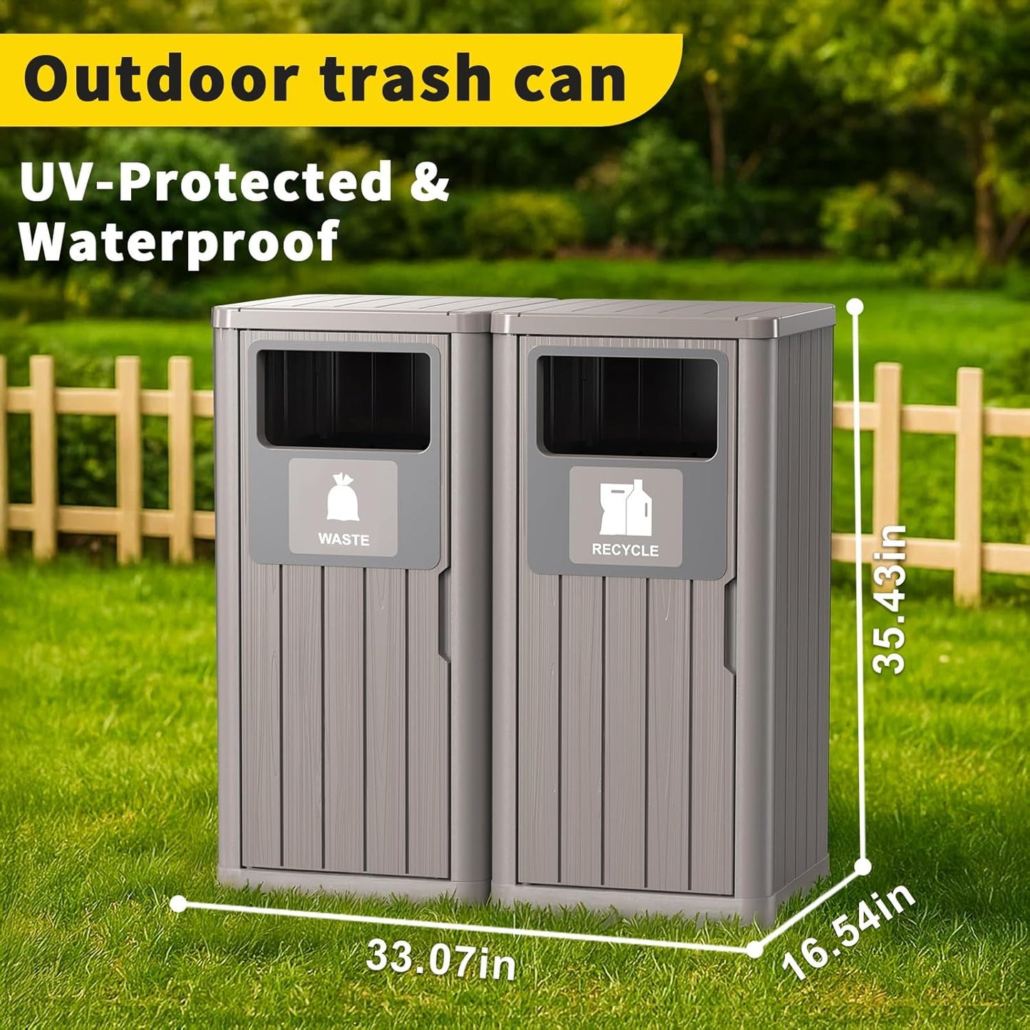 ROJIK 35" Tall Outdoor Trash Can,Weatherproof Resin Garbage Indoor Durable Lightweight,Suitable for Patio Office Kitchen,Easy to Clean,Assemble(Waste&Recycle,Grey)