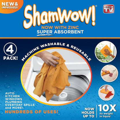 ShamWow Original Super Absorbent Multi-Purpose Cleaning Shammy Chamois Towel Cloth - Holds 10X its Weight in Liquid - Machine Washable - Will Not Scratch (4 Pack, Orange)